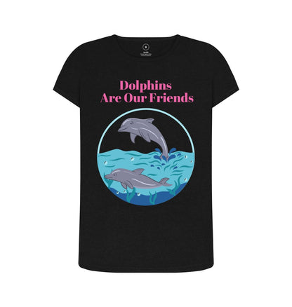 Black Women's Sustainable T-Shirt - Dolphins Are Our Friends: Protecting Ocean Harmony