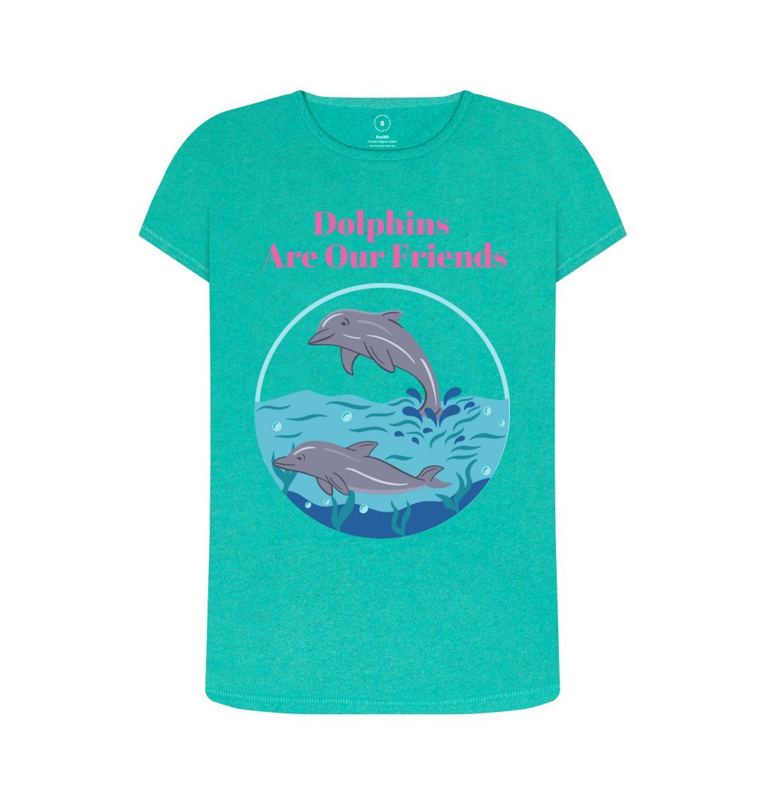 Seagrass Green Women's Sustainable T-Shirt - Dolphins Are Our Friends: Protecting Ocean Harmony