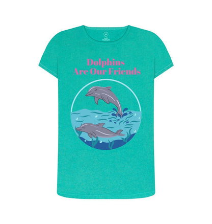 Seagrass Green Women's Sustainable T-Shirt - Dolphins Are Our Friends: Protecting Ocean Harmony